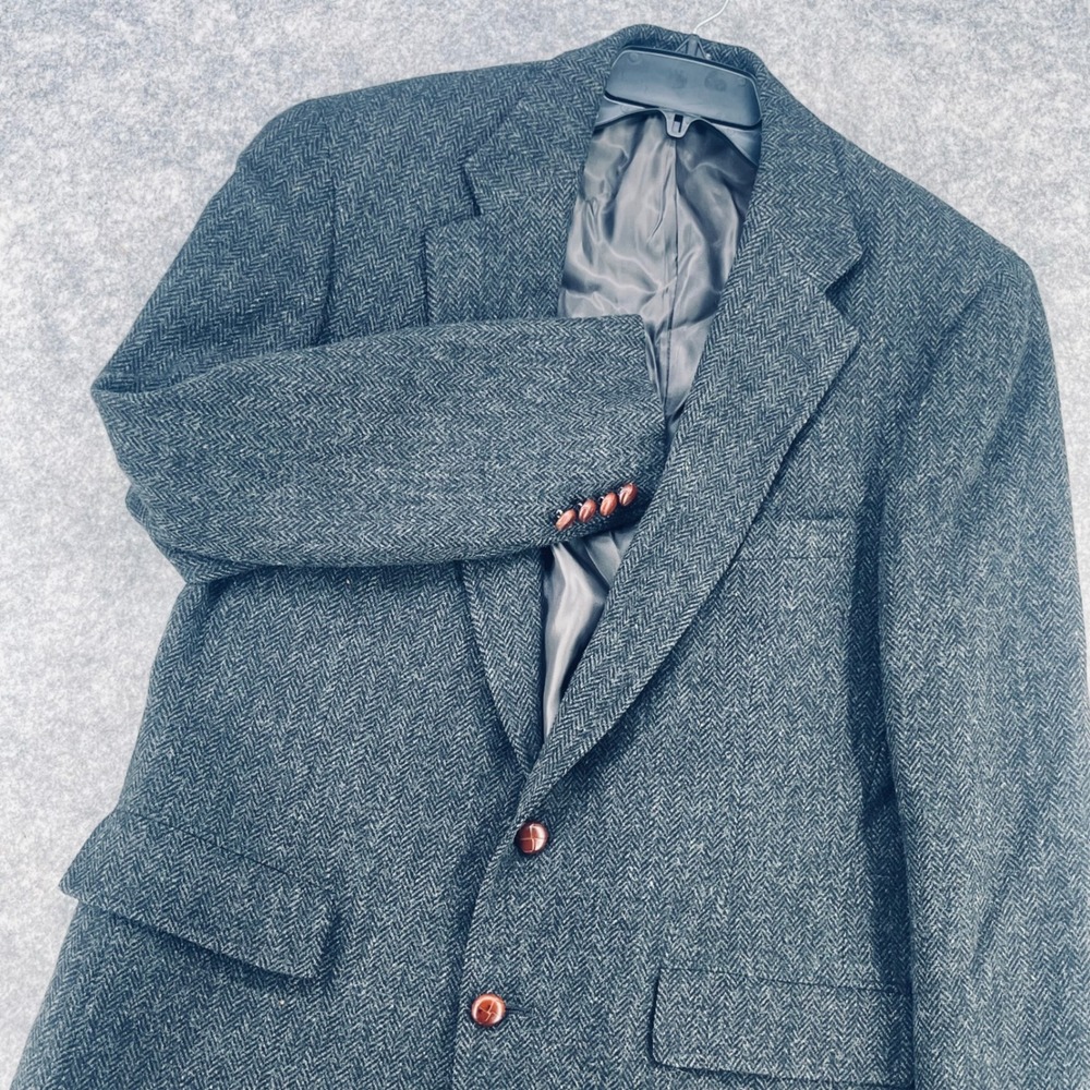 VTG Chaps Ralph Lauren Tweed Blazer Men 44R Grey Herringbone Wool Sport Coat USA